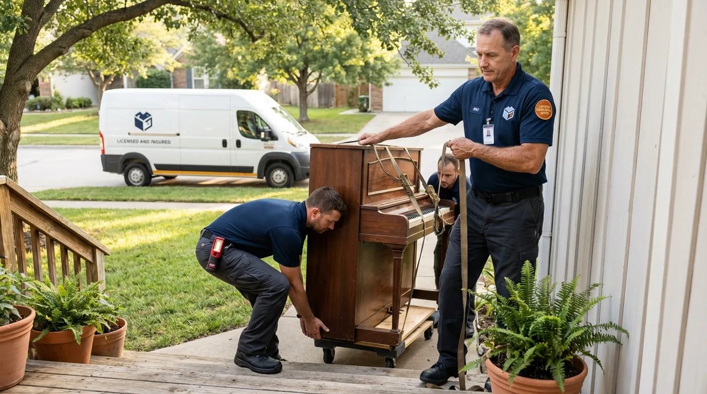Licensed piano movers securing grand piano in Emerson, GA