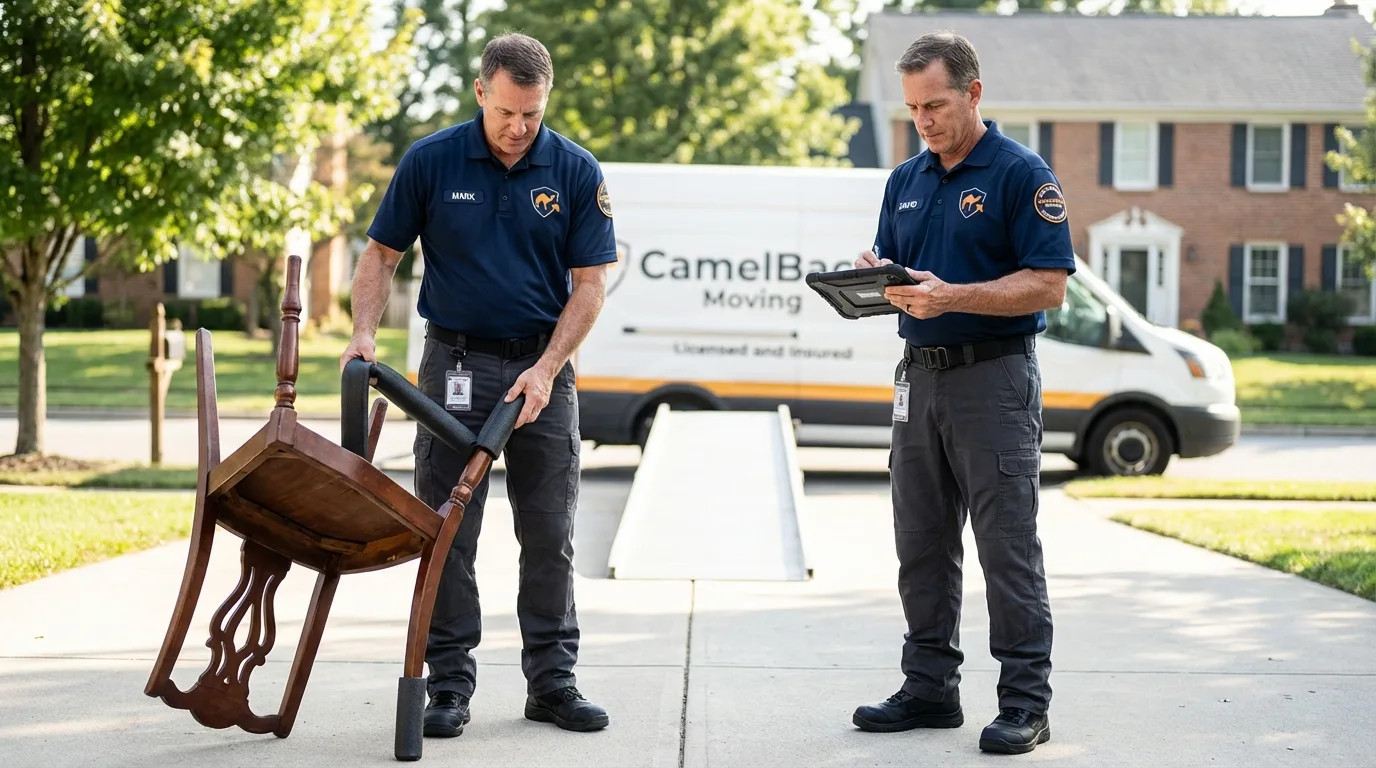 Movers inspecting furniture for damage prevention before loading in Emerson, GA